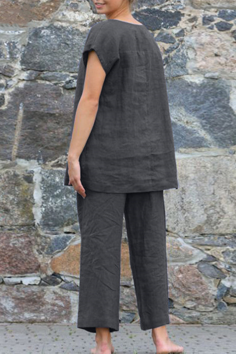 GR | Casual Simplicity Solid Color Crew Neck Short Sleeve Two-Piece