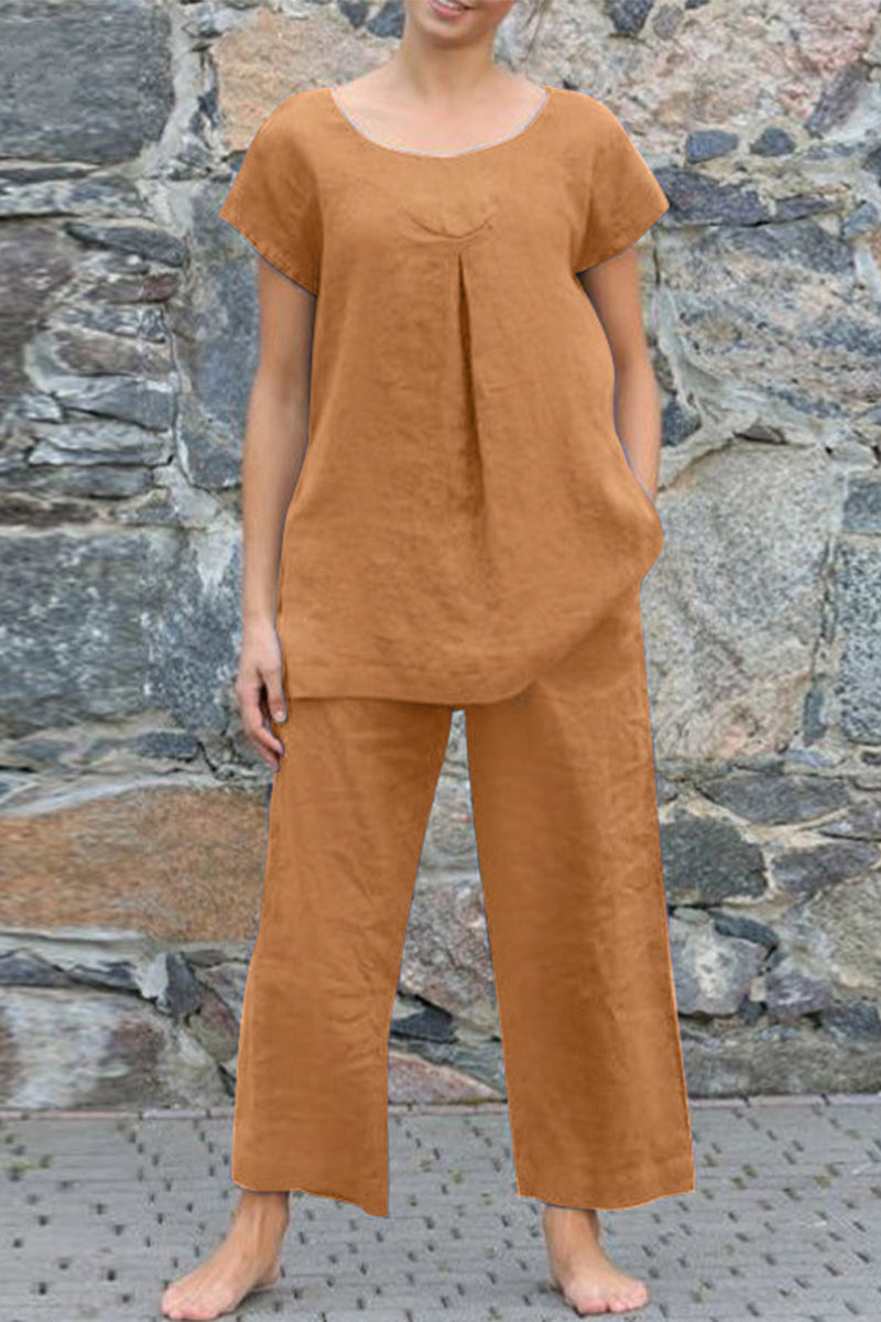 GR | Casual Simplicity Solid Color Crew Neck Short Sleeve Two-Piece