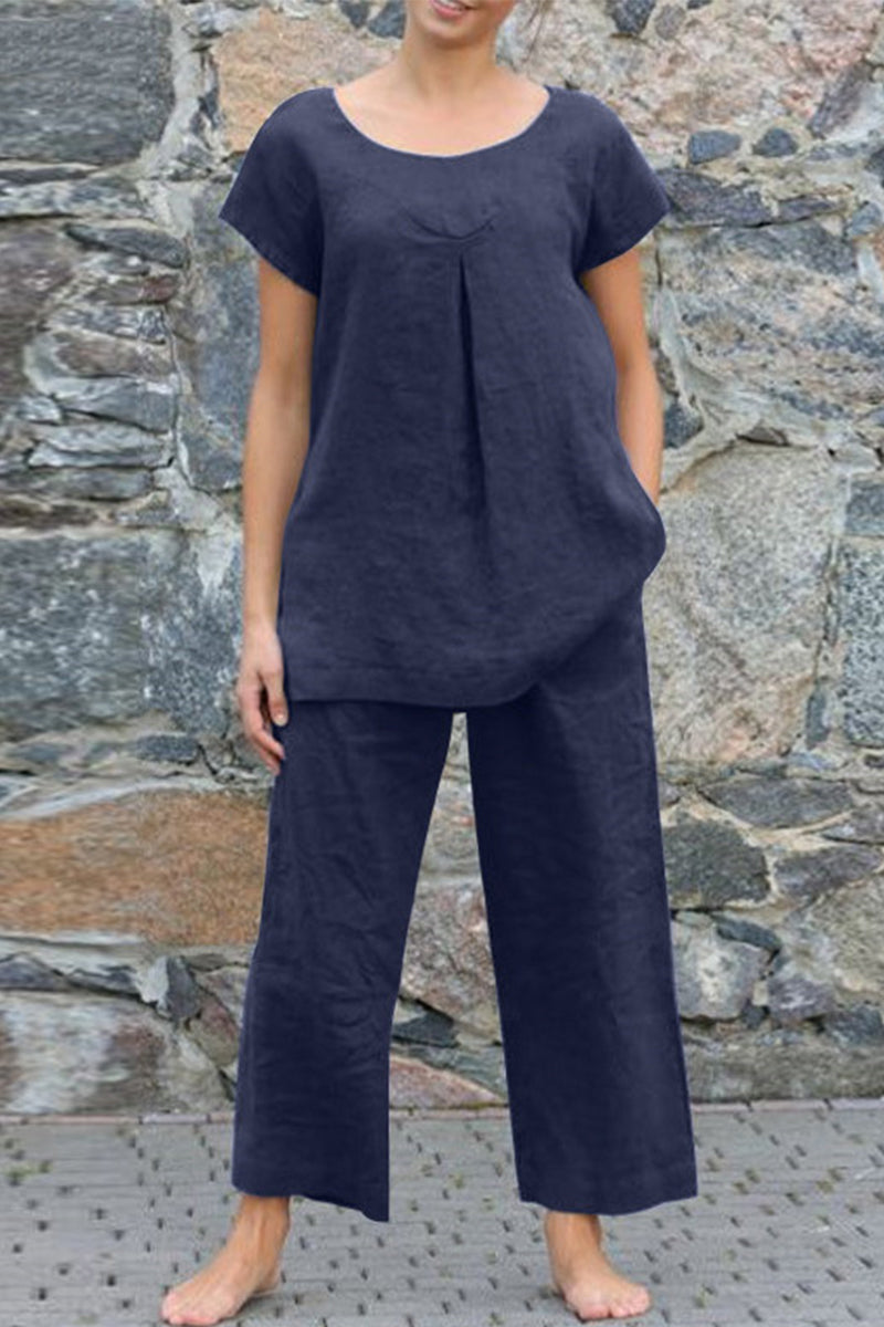 GR | Casual Simplicity Solid Color Crew Neck Short Sleeve Two-Piece
