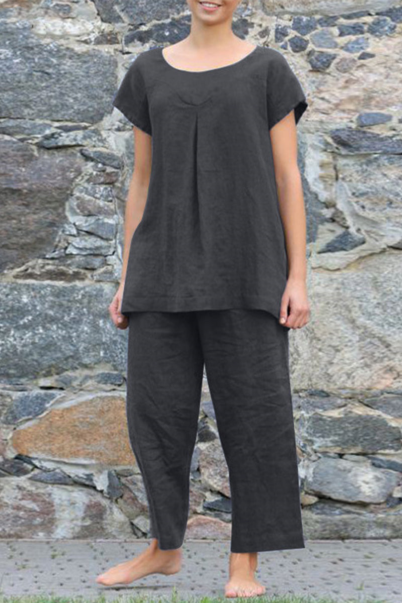 GR | Casual Simplicity Solid Color Crew Neck Short Sleeve Two-Piece