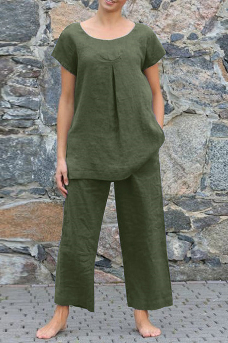 GR | Casual Simplicity Solid Color Crew Neck Short Sleeve Two-Piece