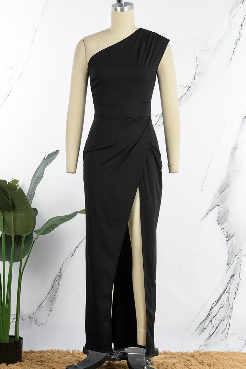 GR | Elegant Formal Solid Color Slit Asymmetrical Slanted Collar Evening Dress Dresses - 8 Colors