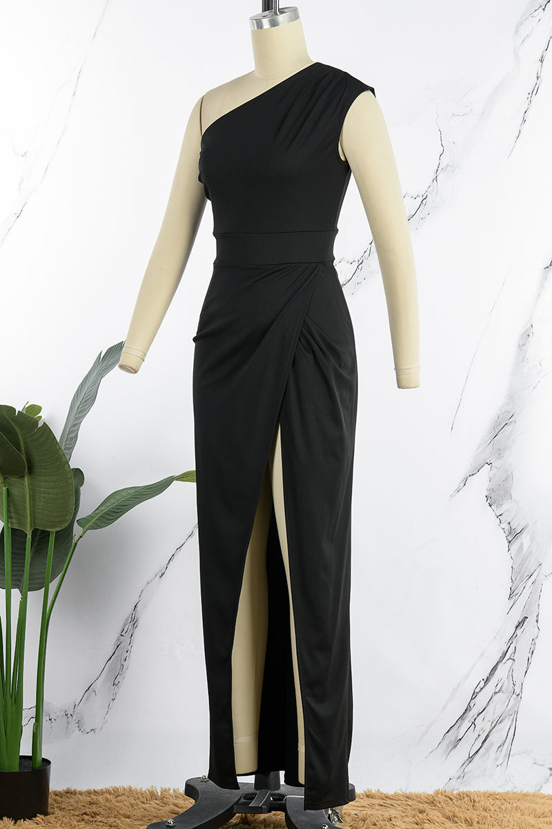 GR | Elegant Formal Solid Color Slit Asymmetrical Slanted Collar Evening Dress Dresses - 8 Colors