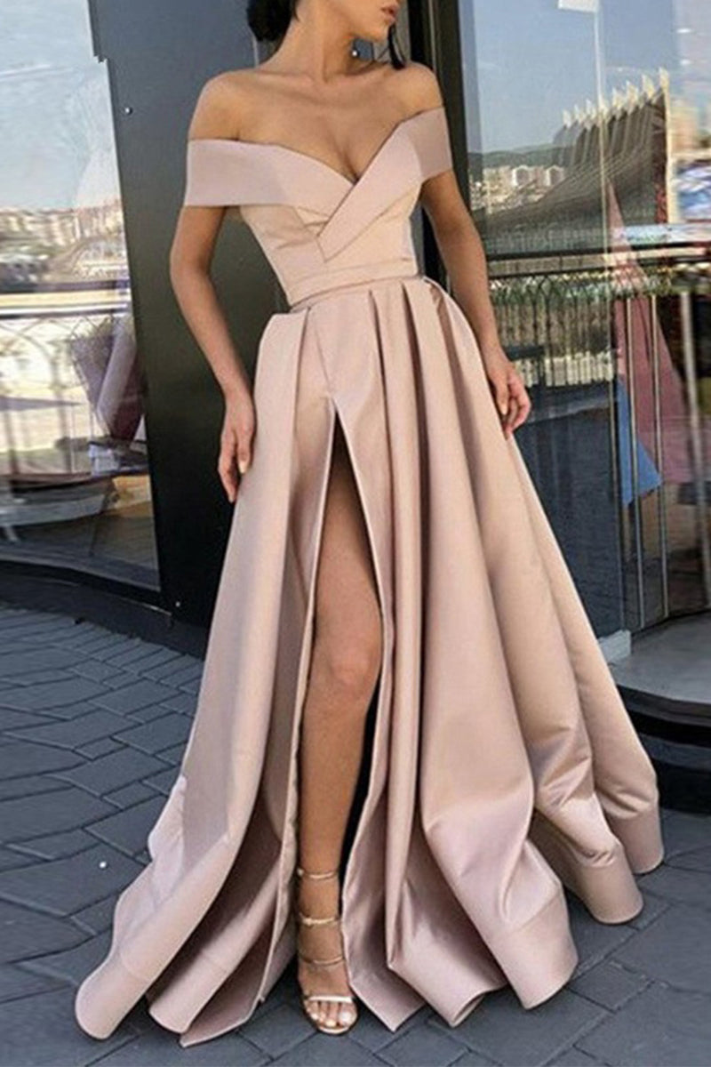GR | Elegant Formal Solid Color Slit V-Neck Evening Dress Dresses - 12 Colors