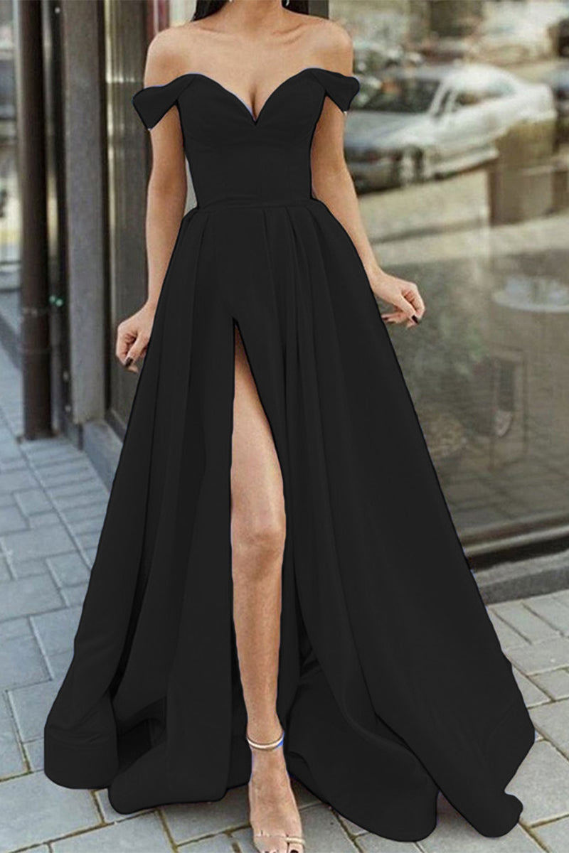 GR | Elegant Formal Solid Color Slit V-Neck Evening Dress Dresses - 12 Colors