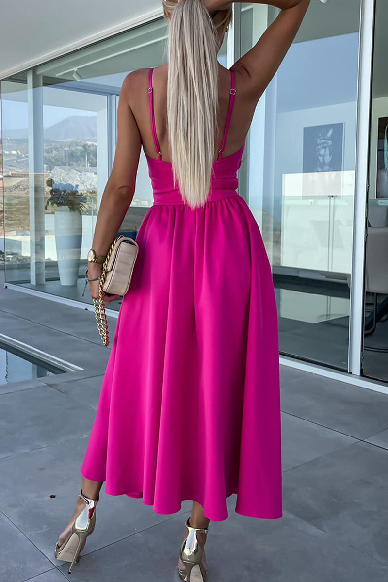 GR | Casual Sweet Solid Color Slit V-Neck Strappy Dress Dresses