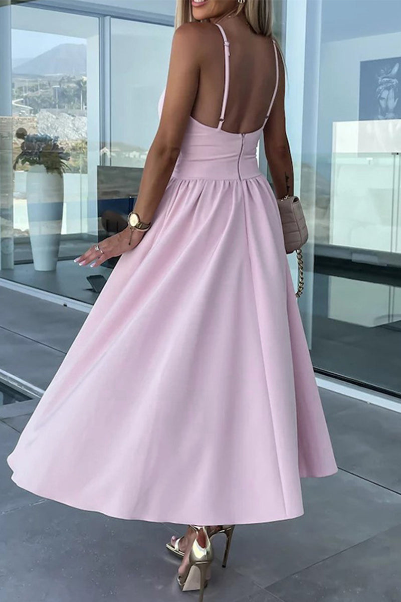 GR | Casual Sweet Solid Color Slit V-Neck Strappy Dress Dresses