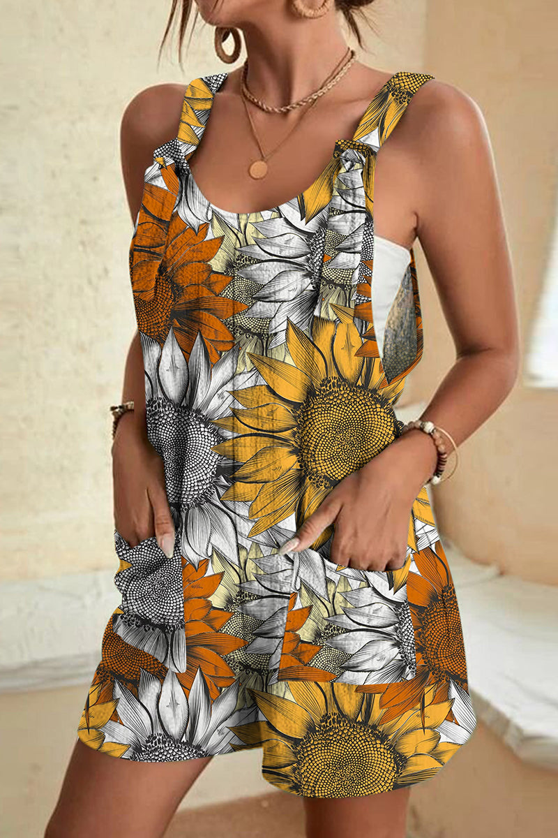 GR | Casual Print Patchwork Bag U-Neck Loose Jumpsuits - 10 Colors