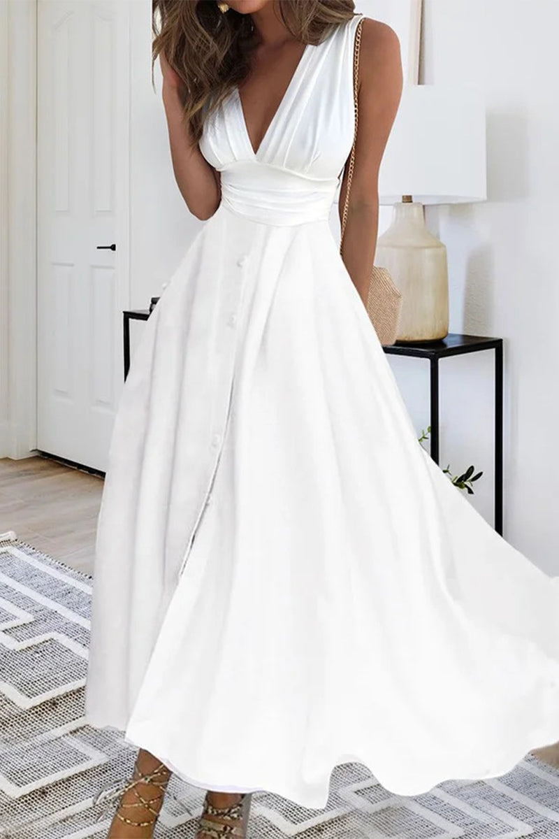 GR | Elegant solid color V-neck A-line dresses