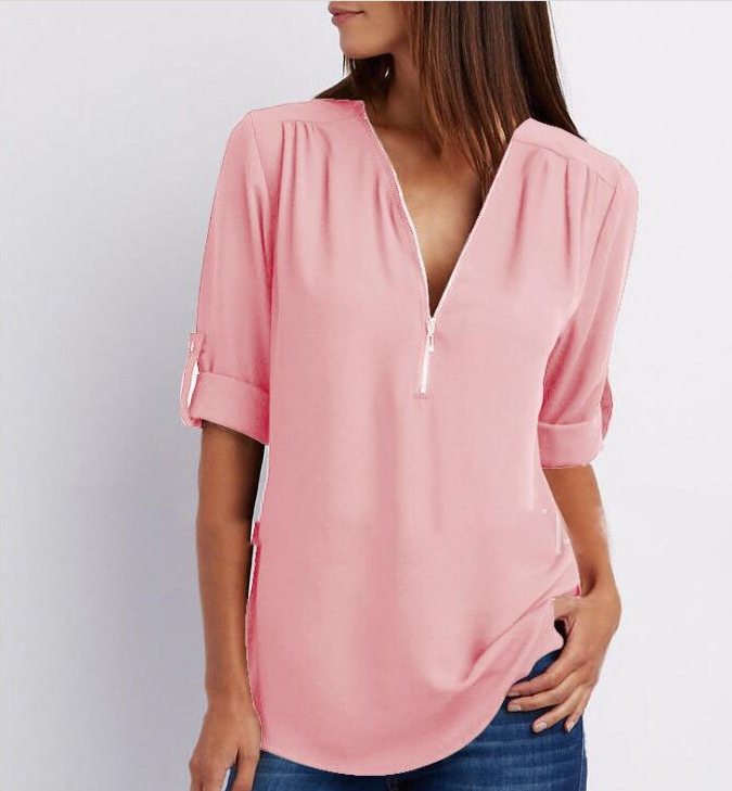 GR Short-sleeved shirt with zipper and V-neck - Loose tops