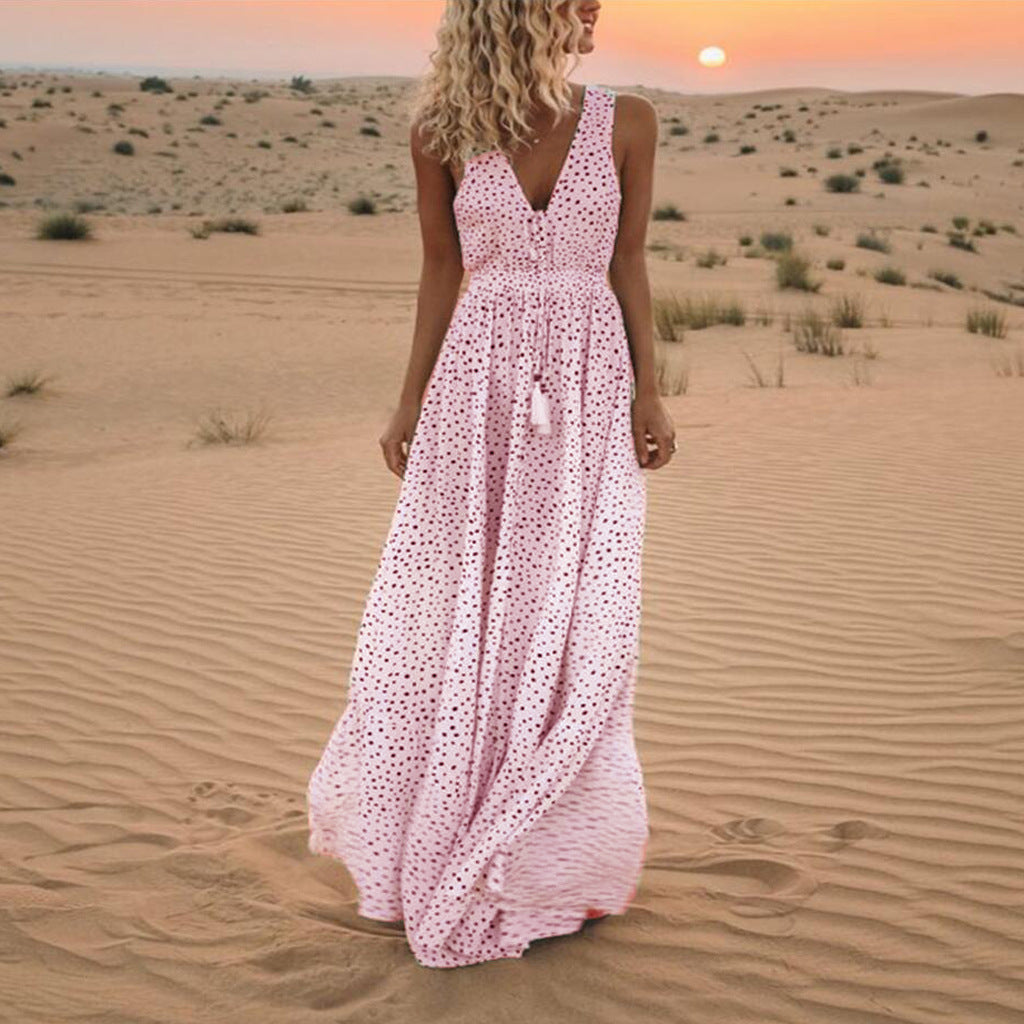 GR | Bohemian patchwork dress with V-neck and A-line in polka dots
