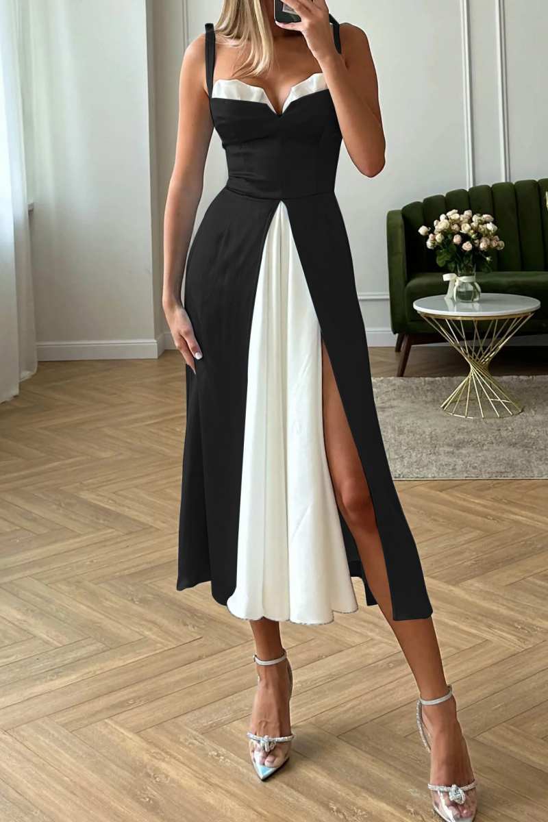 GR | Sexy Casual Patchwork Rückenfrei Schlitz Kontrast Spaghetti-Träger Ärmelloses Kleid Kleider
