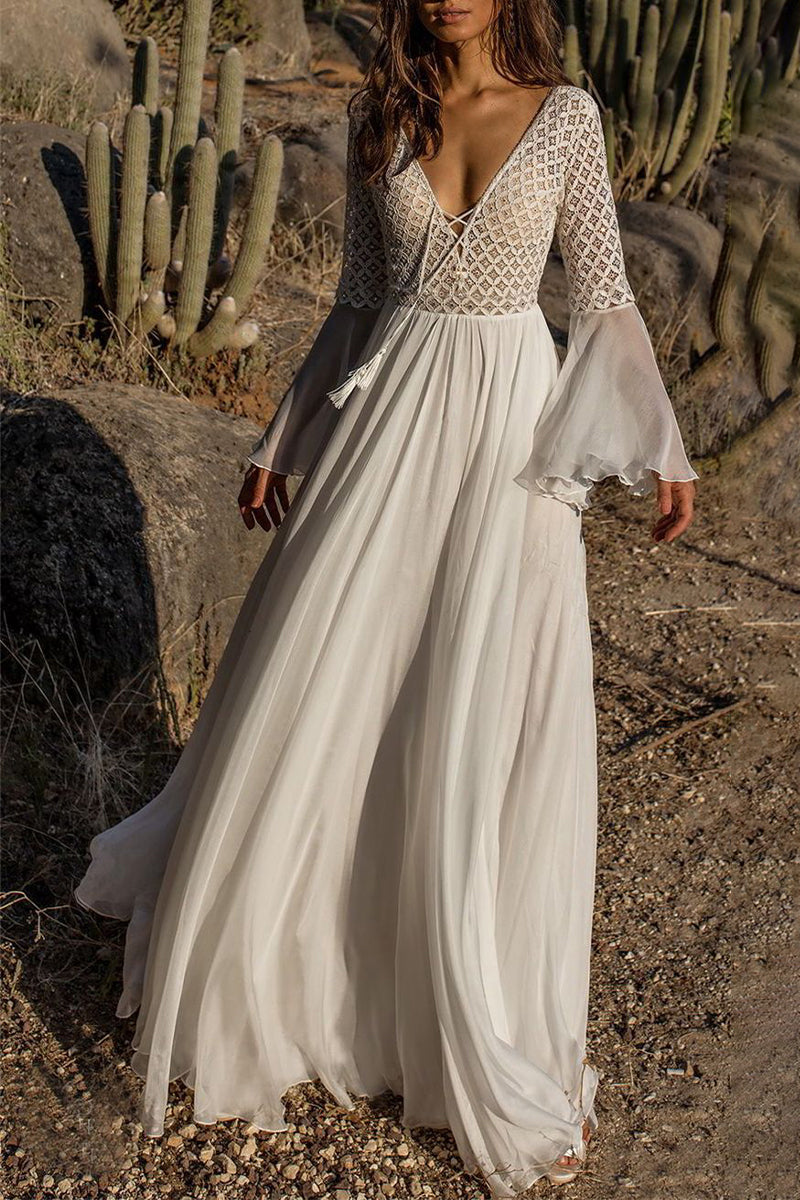 GR | Sexy Einfarbig Spitze V-Ausschnitt Abendkleid Kleider