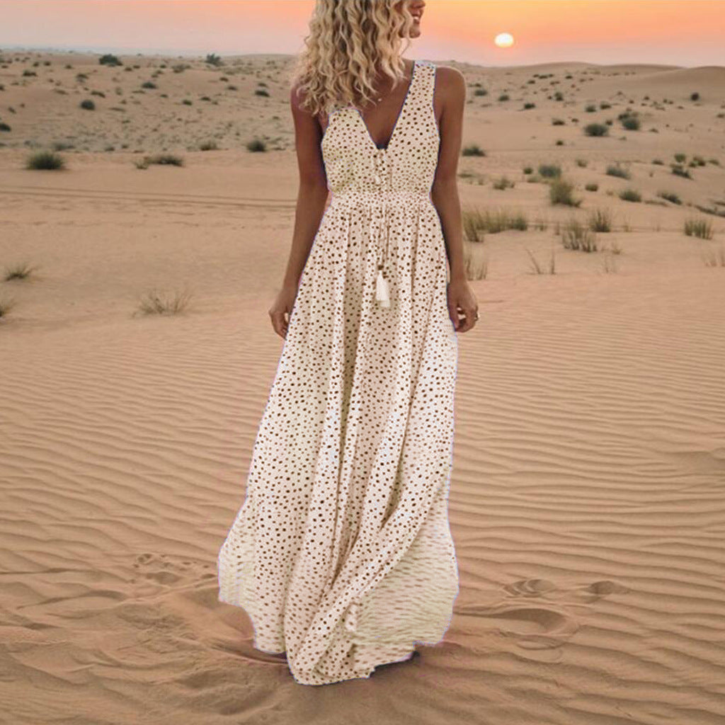 GR | Bohemian patchwork dress with V-neck and A-line in polka dots
