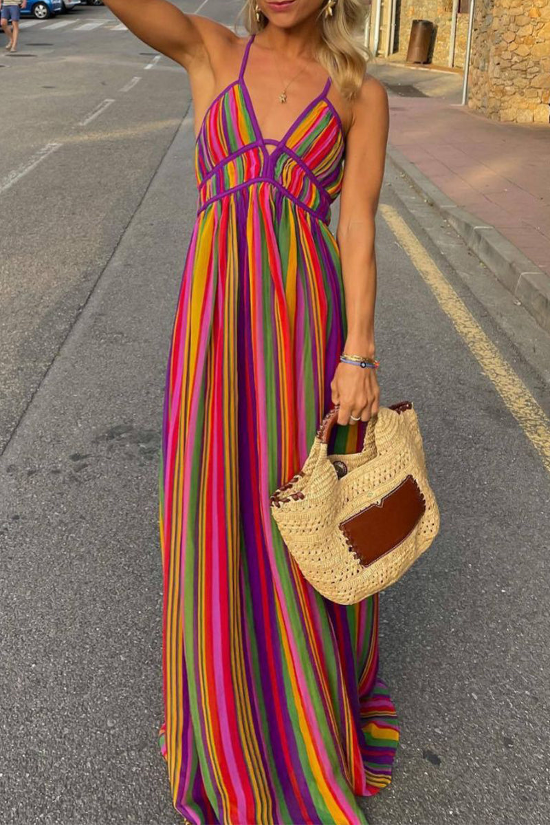 GR | Sexy Holiday Striped Contrast V-Neck Dresses