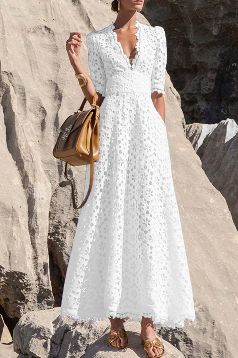 GR | Elegante Einfarbige Ausgehöhlte V-Ausschnitt Taillierte Rock Kurzarm Kleid