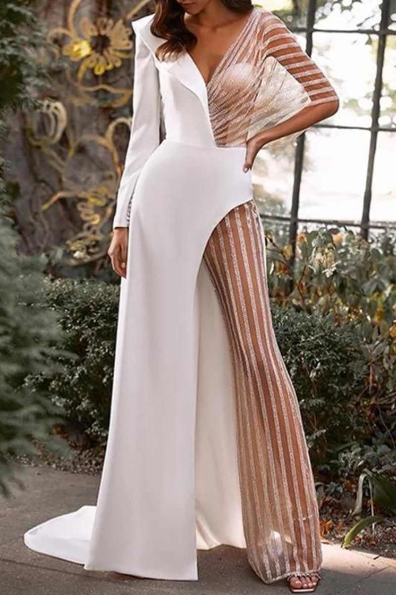 GR | Sexy Patchwork Sheer Asymmetrical V-Neck Skinny Jumpsuits