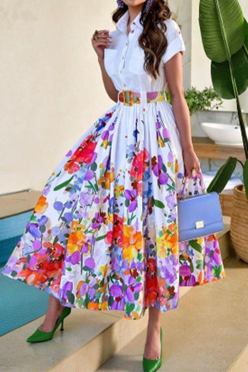 GR | Prominente Elegante Florale mit Gürtel Umgeschlagenen Kragen Bedrucktes Kleid Kurzarmkleid