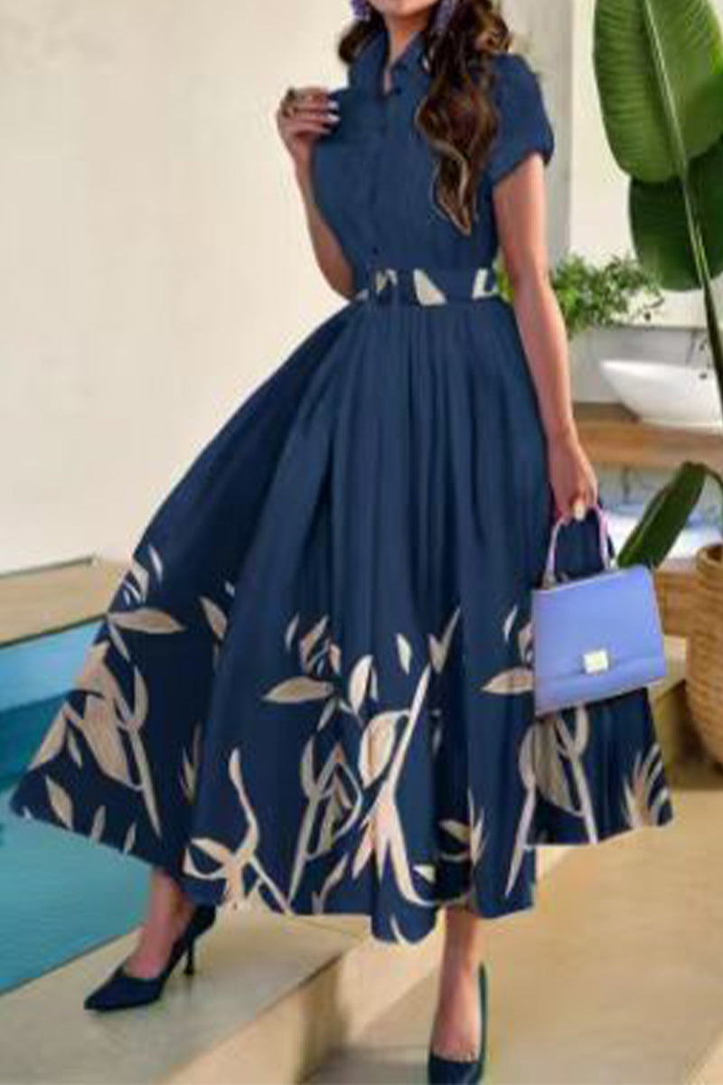 GR | Prominente Elegante Florale mit Gürtel Umgeschlagenen Kragen Bedrucktes Kleid Kurzarmkleid