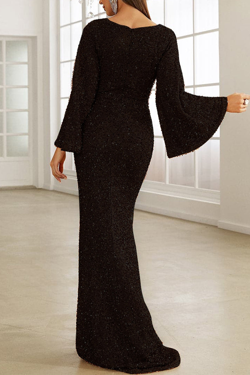 GR | Elegant formal solid color sequined V-neck evening dress