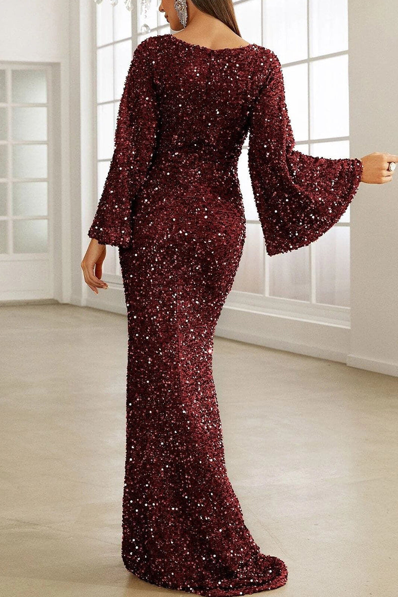 GR | Elegant formal solid color sequined V-neck evening dress