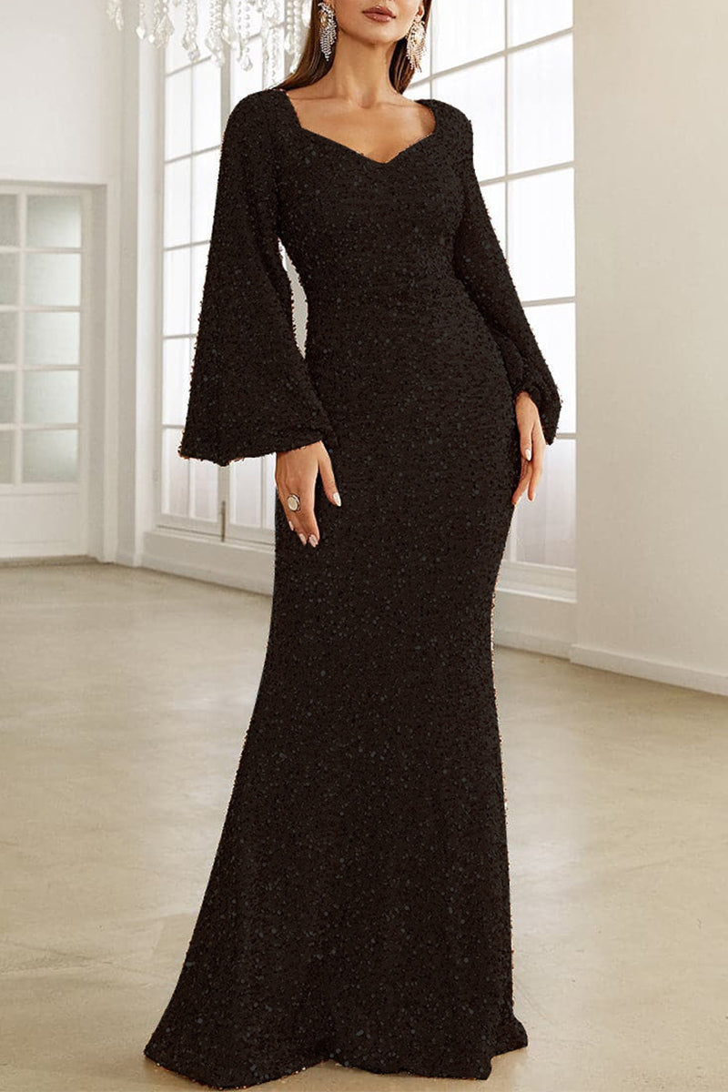 GR | Elegant formal solid color sequined V-neck evening dress