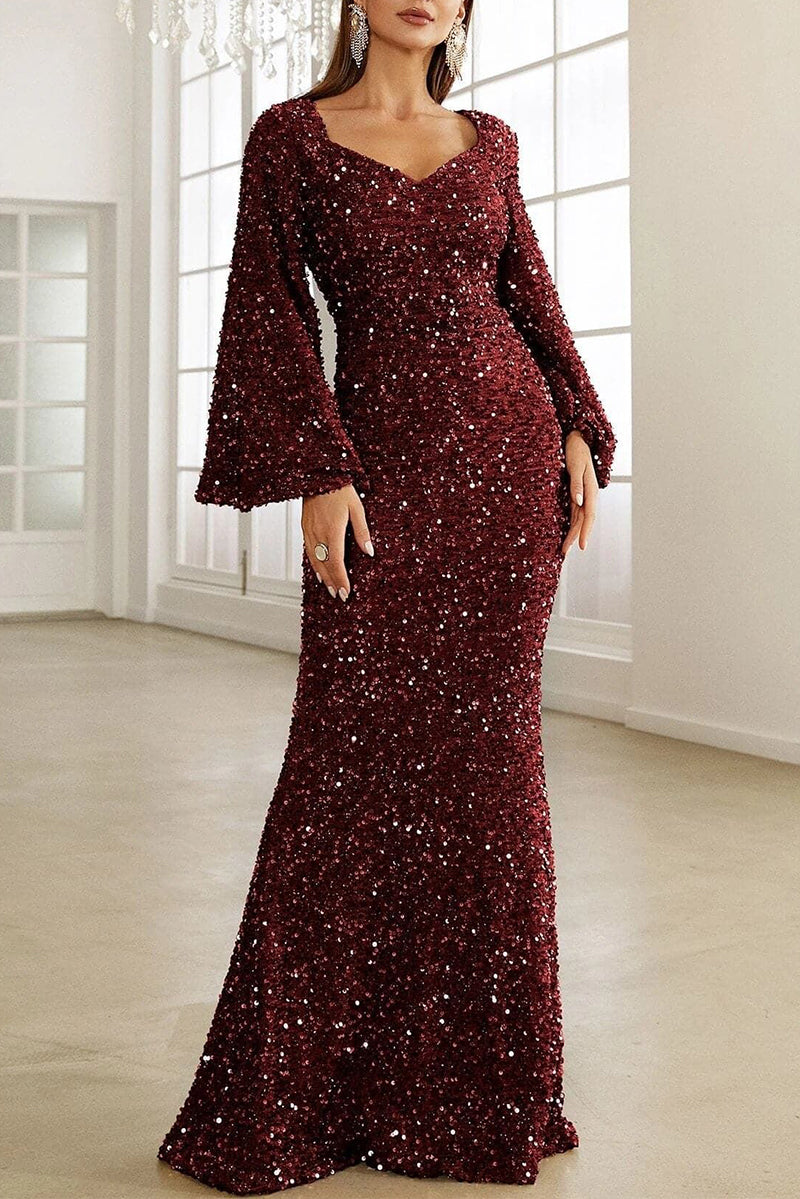 GR | Elegant formal solid color sequined V-neck evening dress