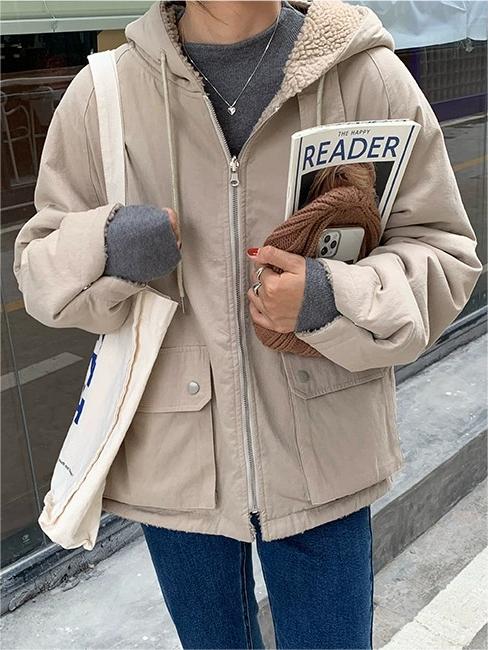 GR | Solid Color Reversible Jacket with Hood and Zipper