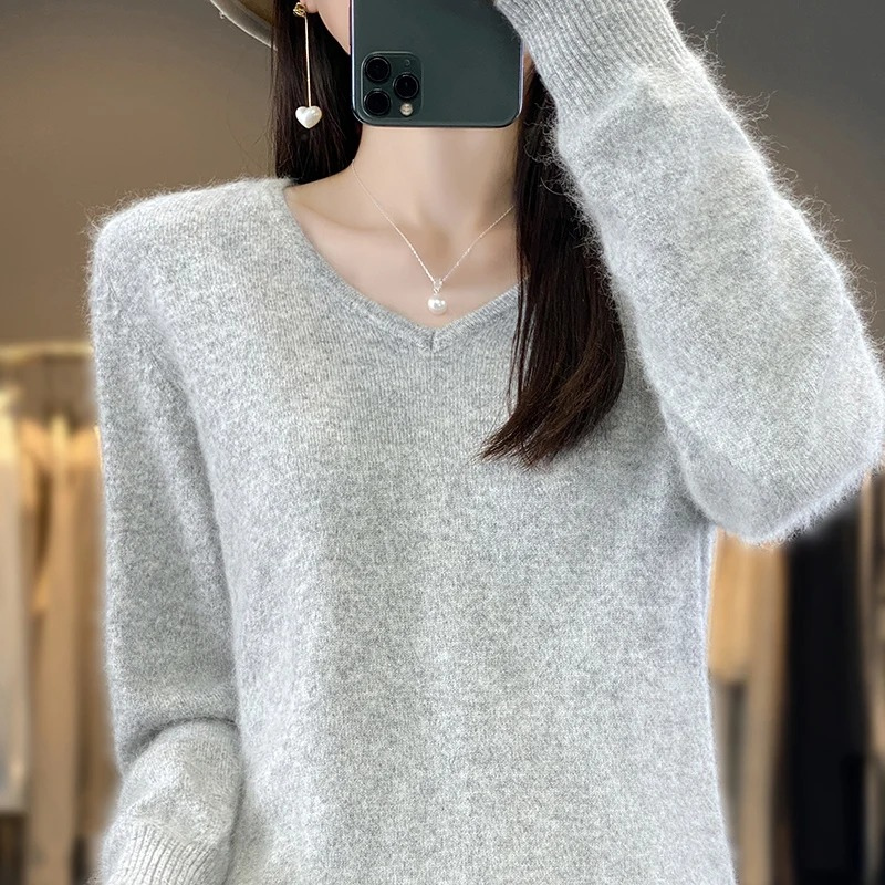 GR | Cashmere Pullover Damen V-ausschnitt Leichter und Weicher Strickpullover