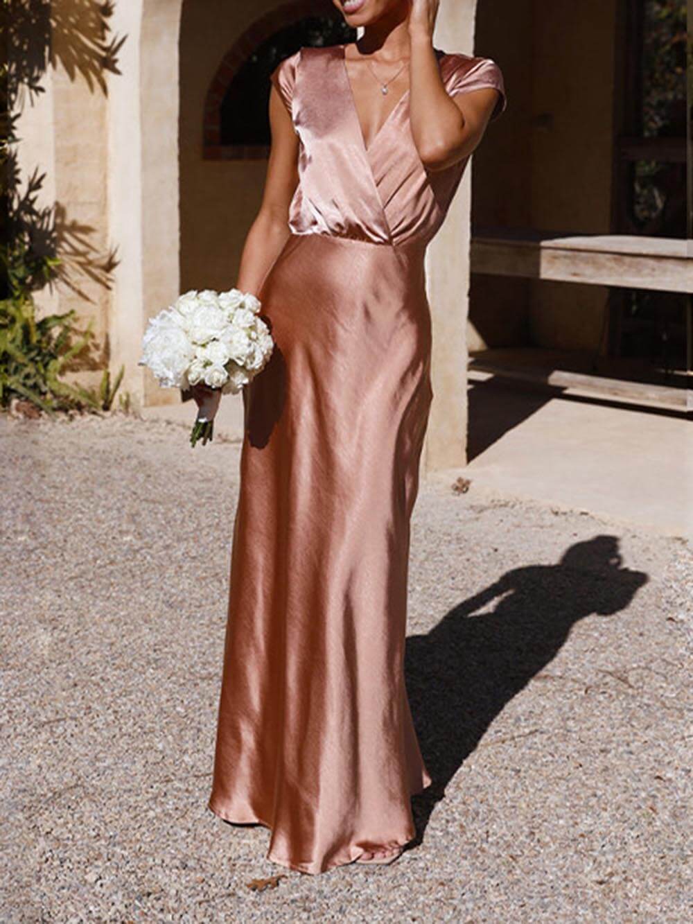 GR | Satin fishtail maxi dress with V-neck for women