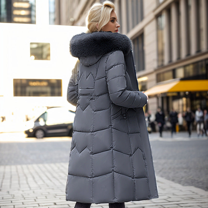 GR | Elegant tailored over-the-knee cotton coat with fur collar