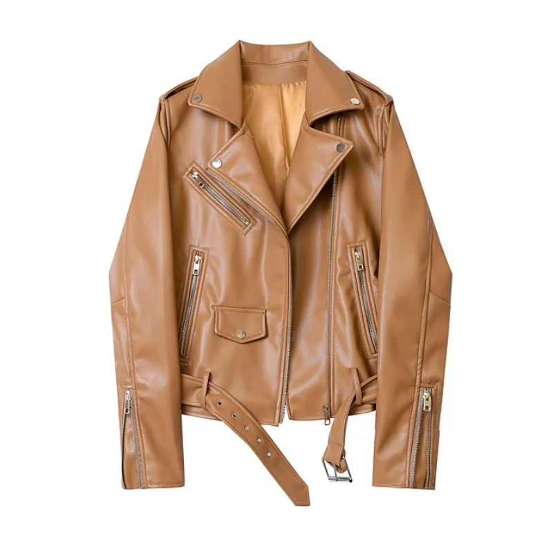 GR | Women's biker leather jacket with zippers and belt