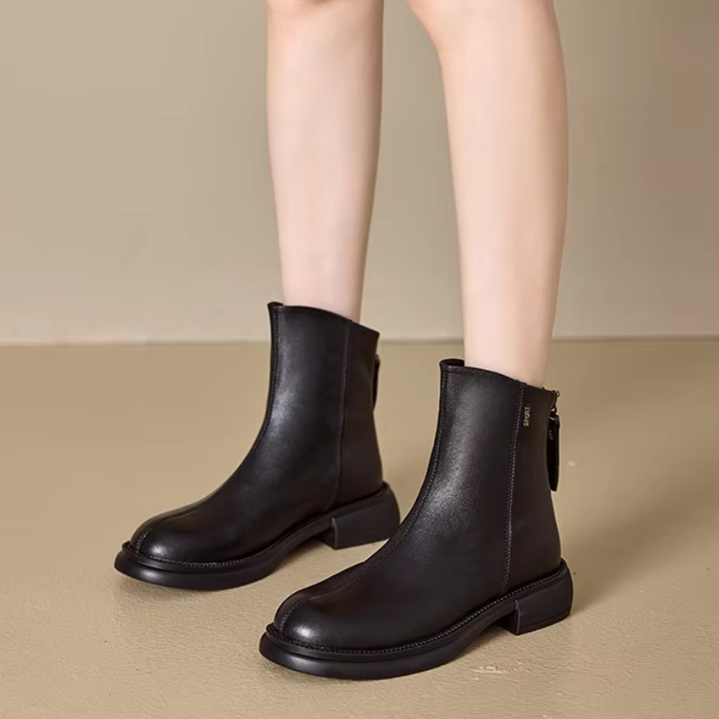 GR | Women's Leather Ankle Boots with Back Zipper and Low Heel