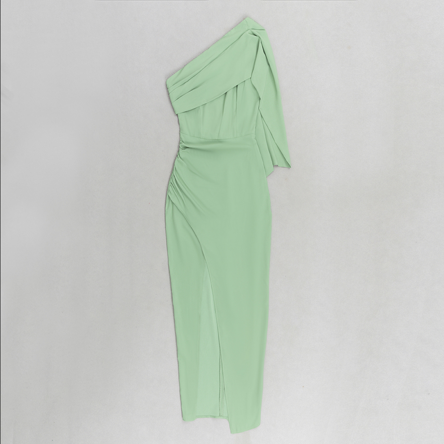 Asymmetrical, figure-hugging midi dress with draping detail | Green