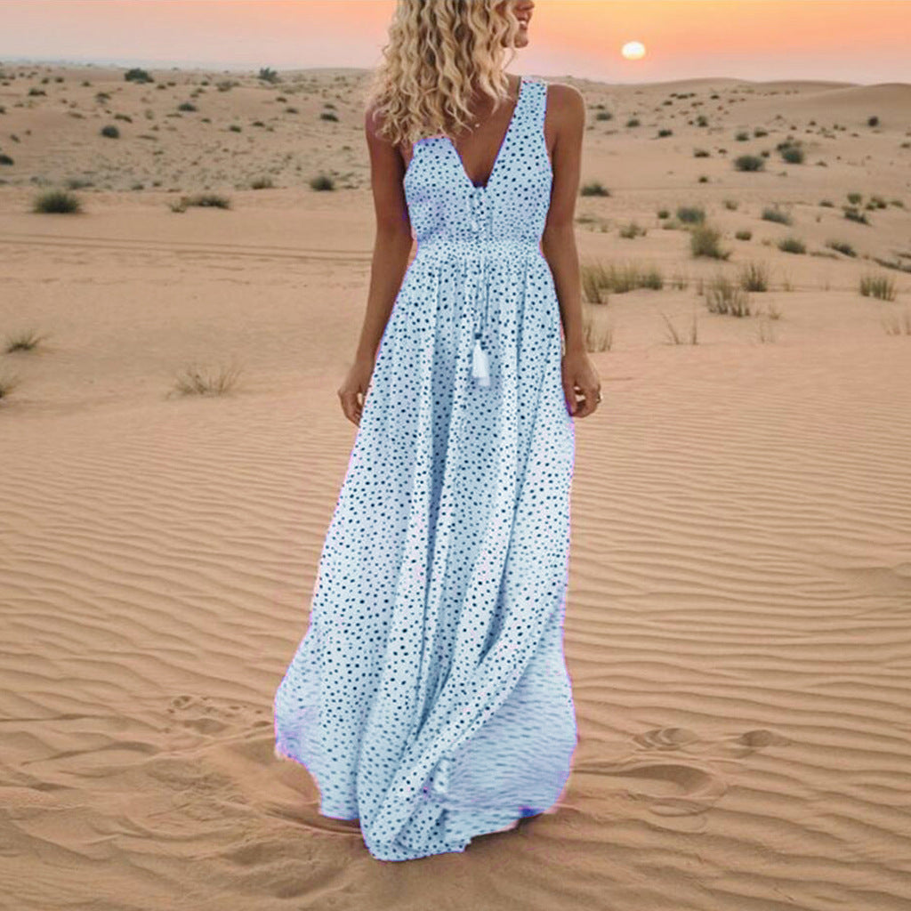 GR | Bohemian patchwork dress with V-neck and A-line in polka dots