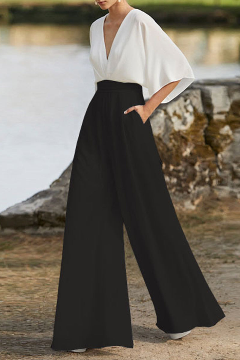 GR | British style Elegant color block bag Contrast V-neck Loose jumpsuits