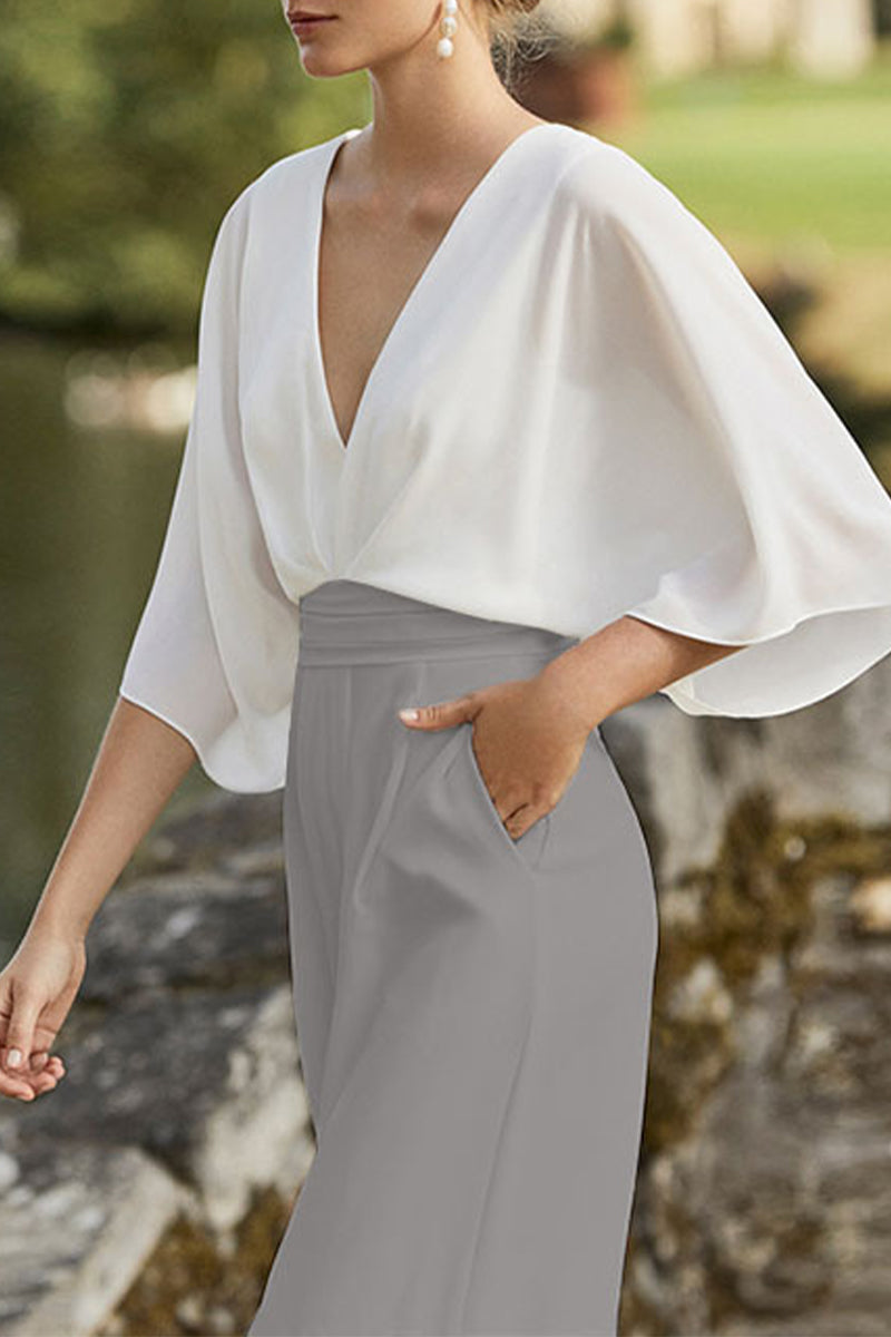 GR | British style Elegant color block bag Contrast V-neck Loose jumpsuits