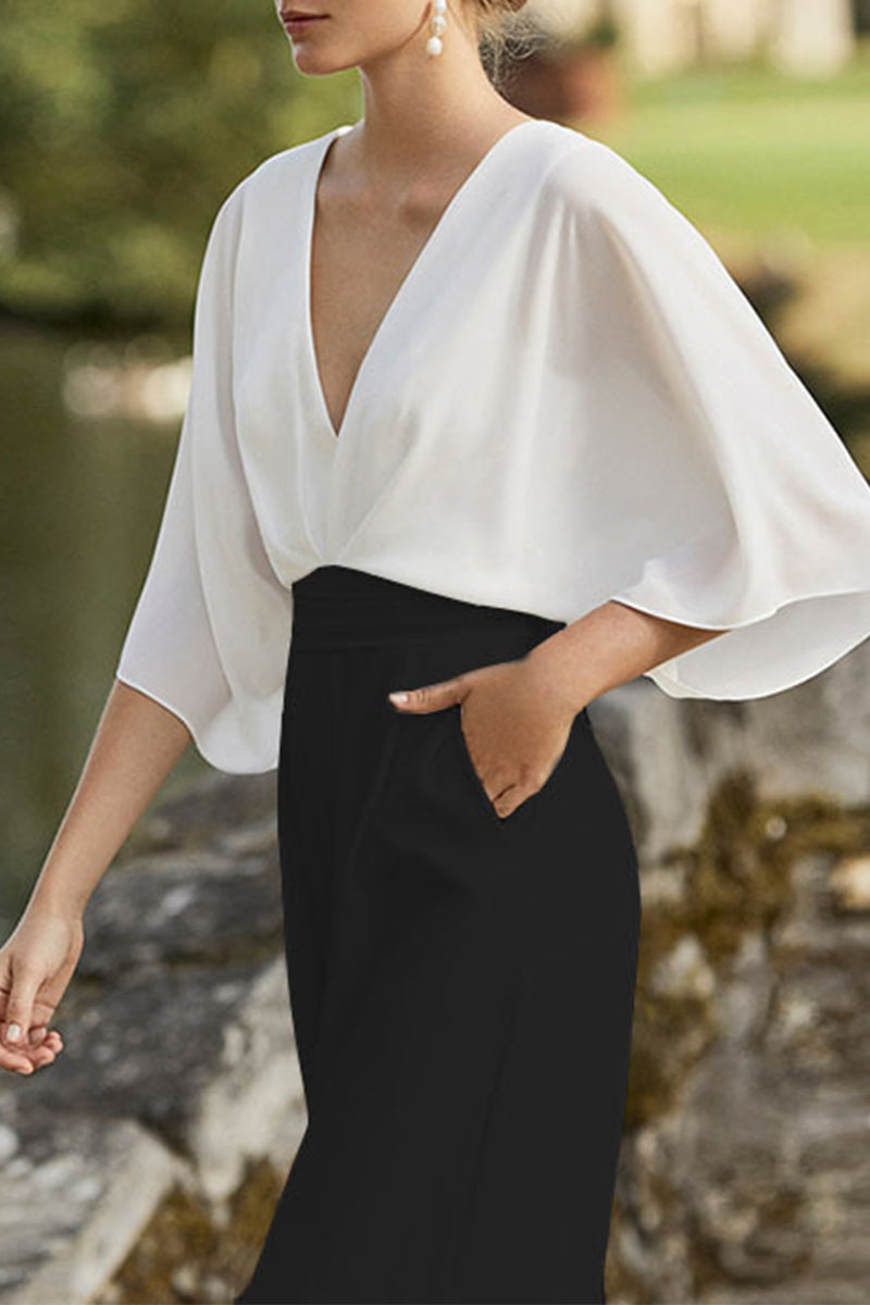 GR | British style Elegant color block bag Contrast V-neck Loose jumpsuits