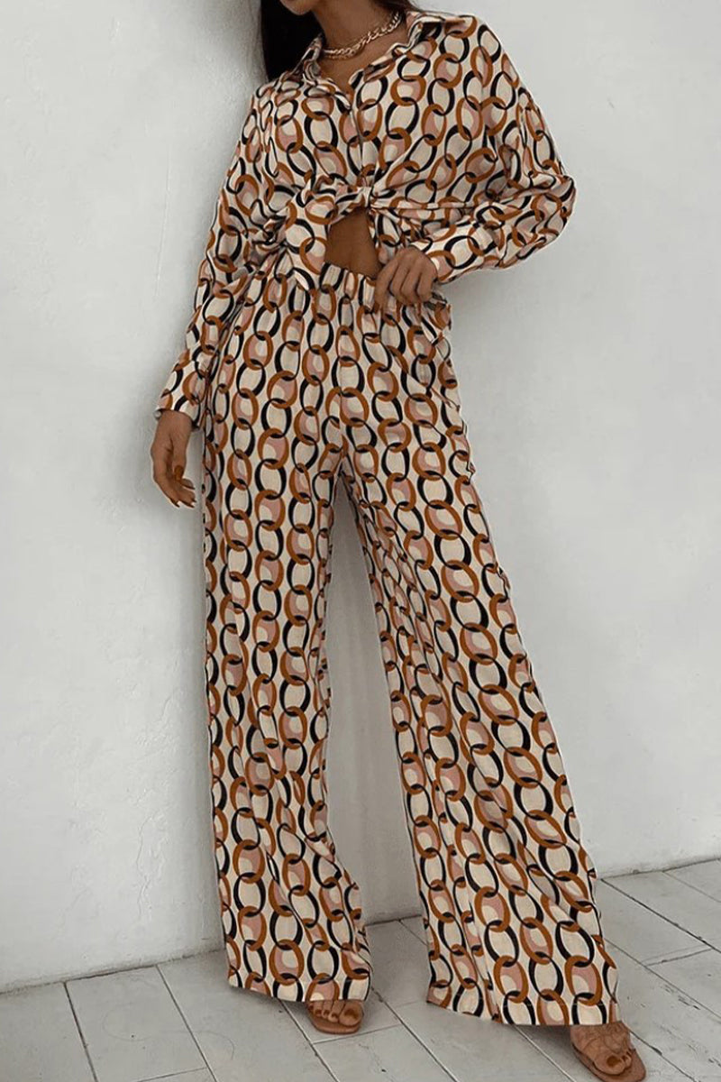 GR | Casual geometric snap buttons, turn-down collar, long sleeves, two-piece set