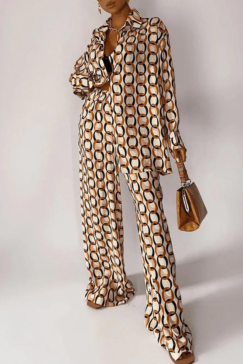 GR | Casual geometric snap buttons, turn-down collar, long sleeves, two-piece set