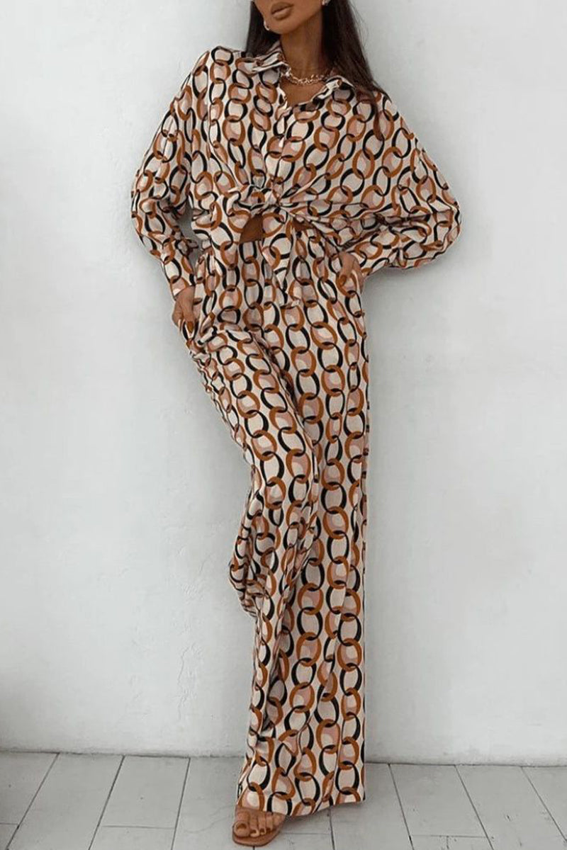 GR | Casual geometric snap buttons, turn-down collar, long sleeves, two-piece set
