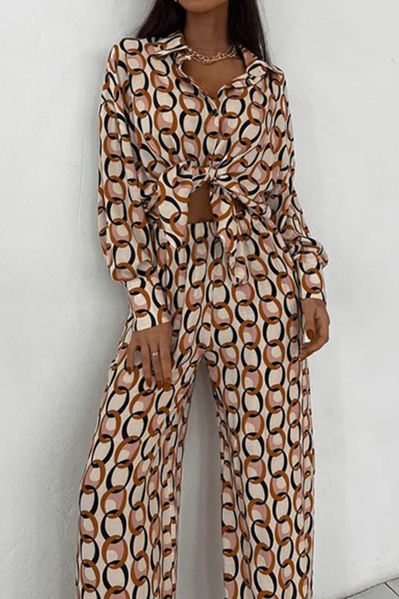 GR | Casual geometric snap buttons, turn-down collar, long sleeves, two-piece set