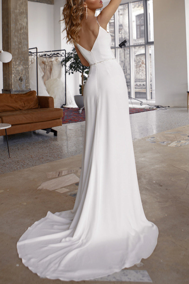 GR | Sexy Elegante Einfarbige Schlitz V-Ausschnitt Abendkleid Kleider
