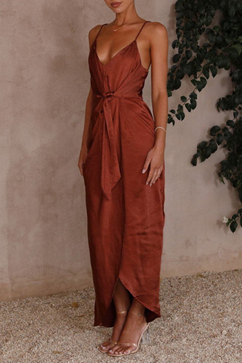 GR | Sexy Solid Frenulum Falten V-Ausschnitt Sling Kleid Kleider- 4 Farben
