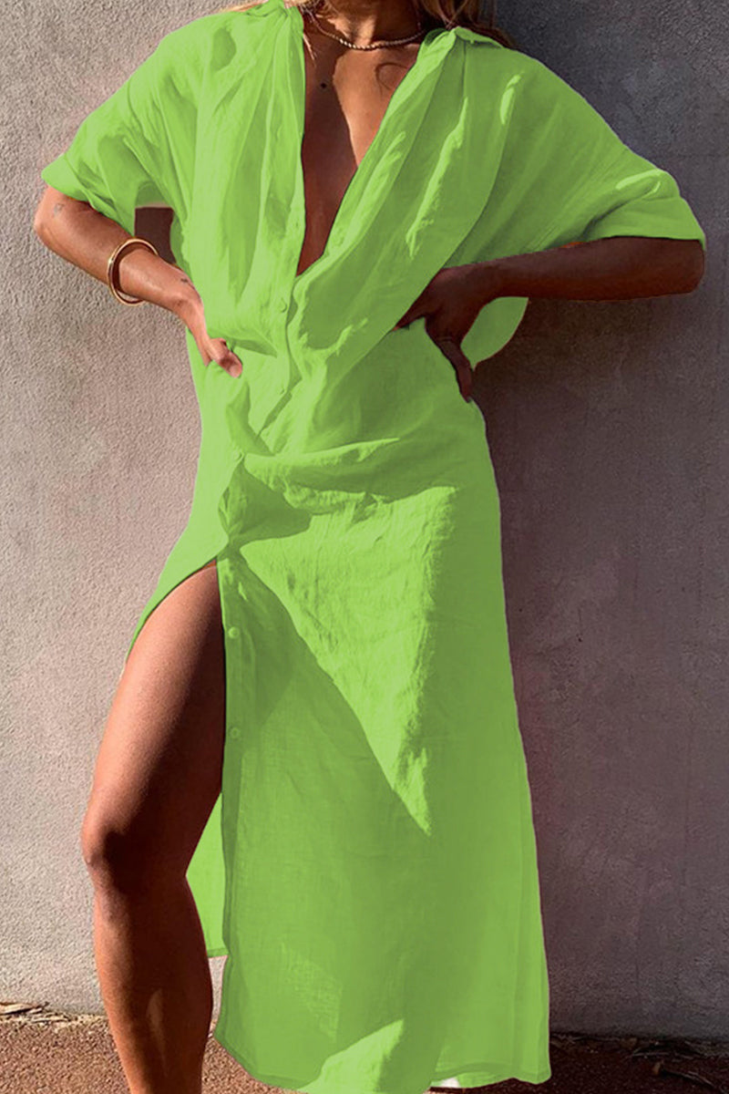 GR | Casual Simplicity Solid Color Buttons Turn-Down Collar Shirt Dress Dresses
