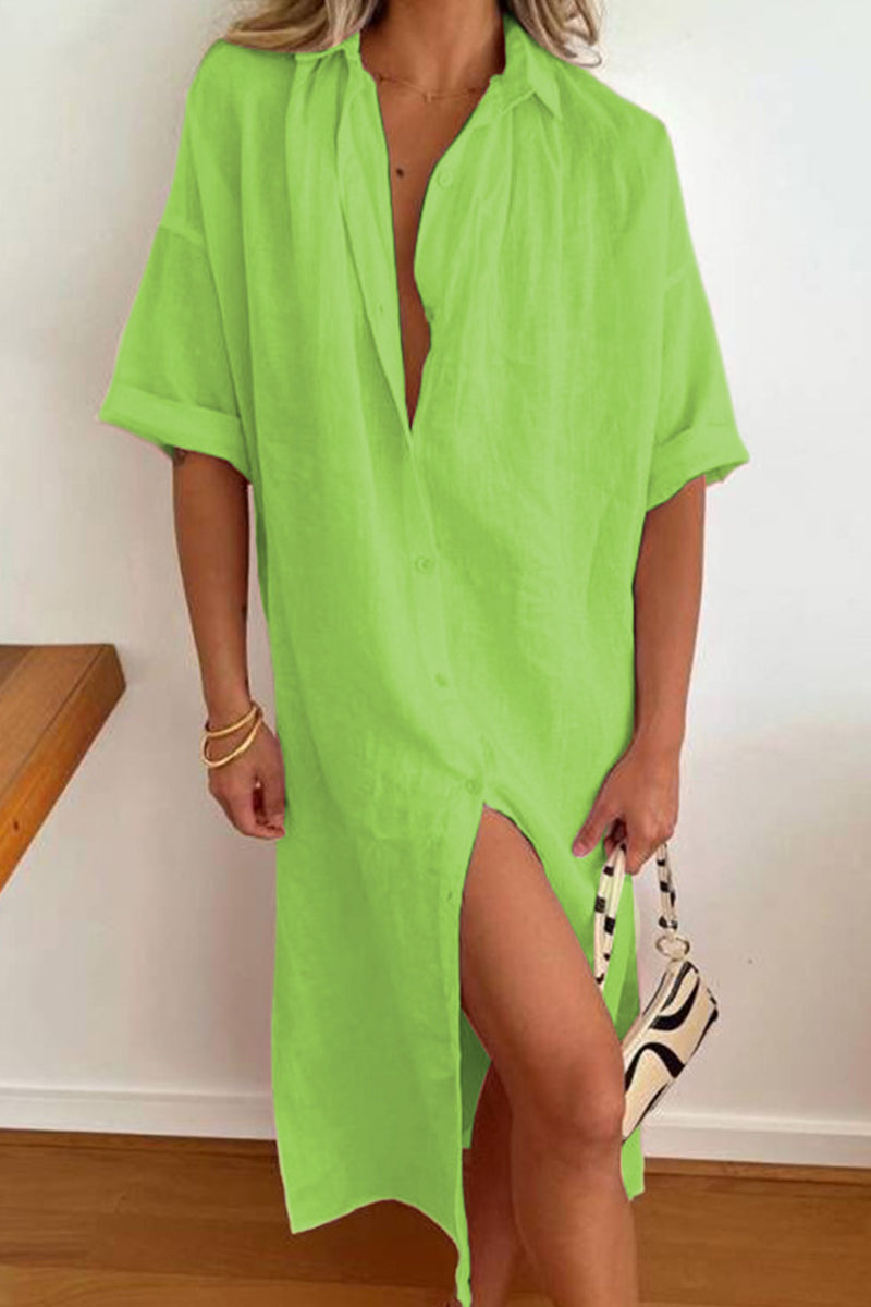 GR | Casual Simplicity Solid Color Buttons Turn-Down Collar Shirt Dress Dresses