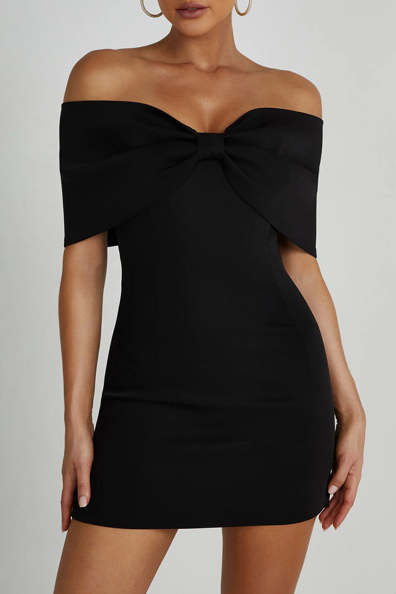 GR | Sexy Celebrities Uni with Bow Off the Shoulder Wrap Skirt Dresses