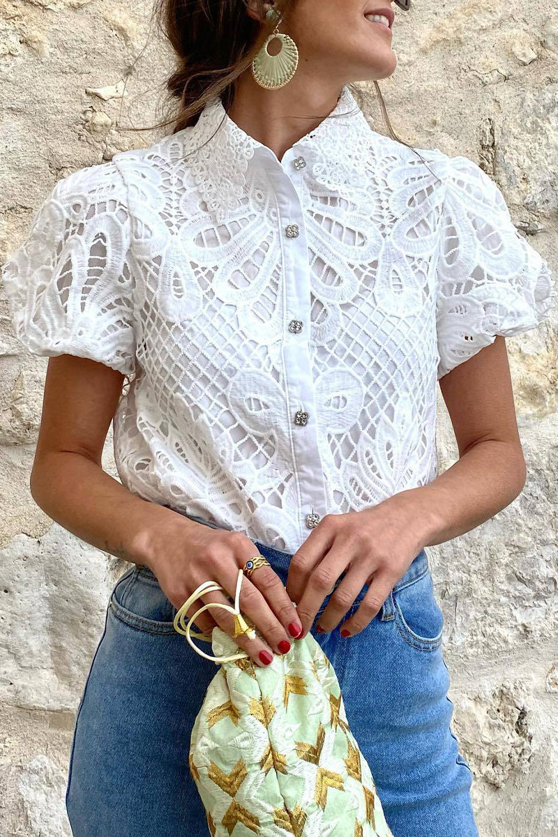 GR | Casual Solid Color Lace Hollowed-Out Turn-Down Collar Tops