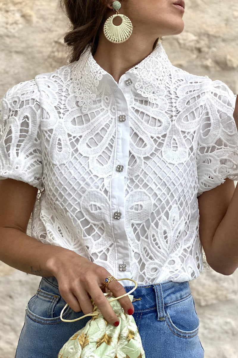GR | Casual Solid Color Lace Hollowed-Out Turn-Down Collar Tops