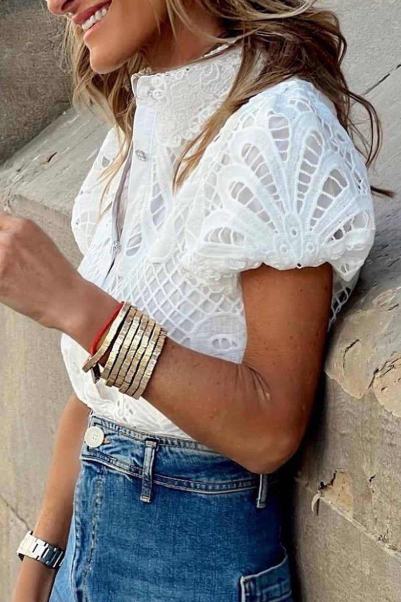 GR | Casual Solid Color Lace Hollowed-Out Turn-Down Collar Tops